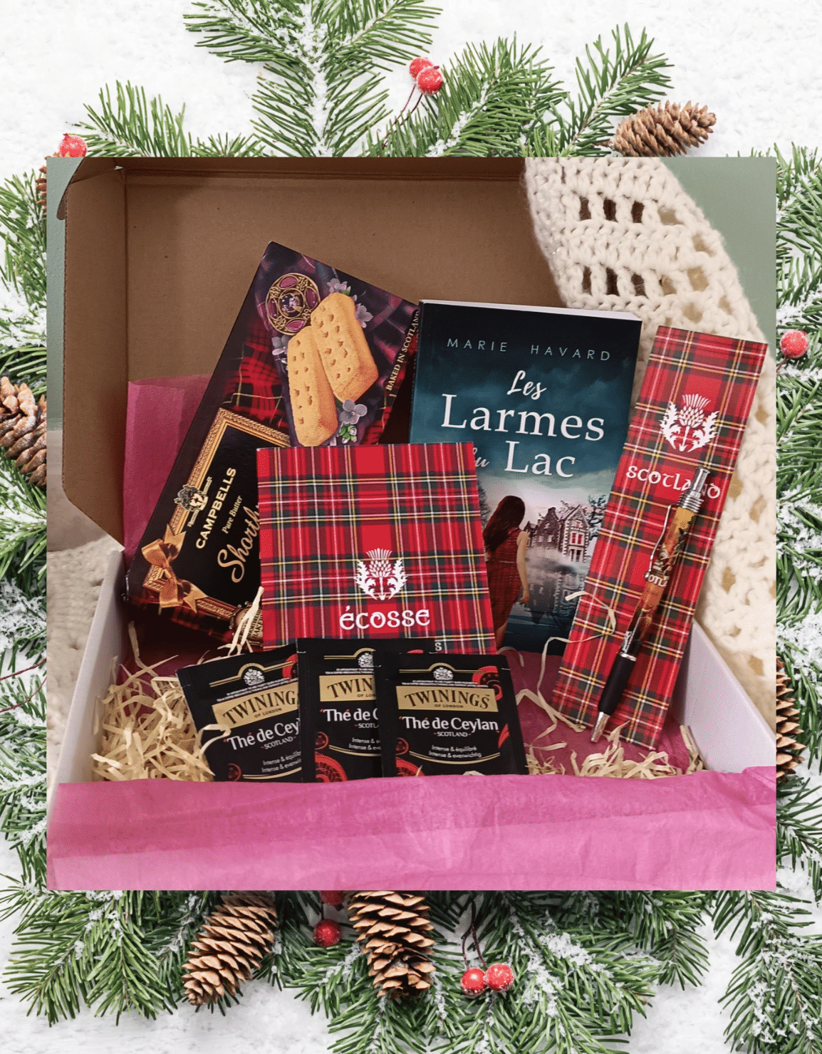 Box de noel écosse - cadeau avec livre, biscuits et stylo
